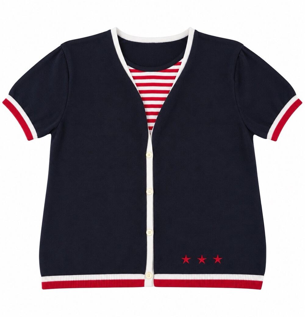 Women’s Medium Navy Red White Striped Short Sleeve Cardigan Star Nautical